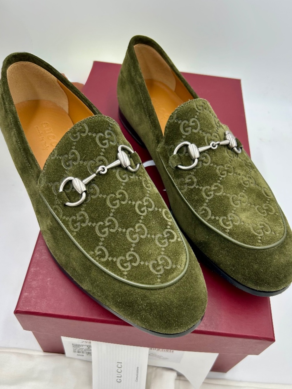 Men’s Gucci Jordy Guccissima Olive Green Suede Loafers. Size 8. Made in Italy.